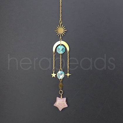 Natural Rose Quartz Star Sun Catcher Hanging Ornaments with Brass Sun HJEW-PW0002-13C-1