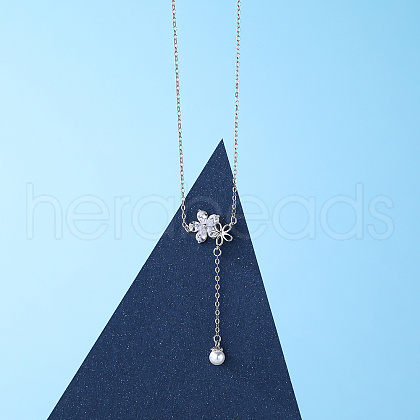 Rhodium Plated 925 Sterling Silver Double Layer Flower Imitation Pearl Pendant Necklaces XB5685-1