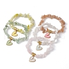 Valentine's Day Theme Alloy and Acrylic Natural Rainbow Moonstone/ Lemon Jade/Prehnite/ Rose Quartz/Sunstone Chip Gemstone Stretch Bracelet with Heart Charm BJEW-JB09579-1