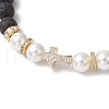 Natural Lava Rock & Shell Pearl Round Beads Stretch Bracelets BJEW-JB11826-01-3