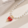 Round Shell Pearl Beaded Brass Red Enamel Heart Pendant Necklaces for Women VQ1969-1-4