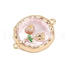 Brass Enamel & Natural Pearl Flat Round with Flower Connector Charms KK-K351-50G-02-2