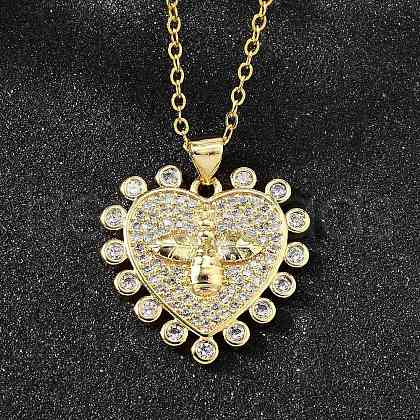 Brass Micro Pave Clear Cubic Zirconia Bee Heart Pendant Necklaces for Women NJEW-D311-01C-G-1