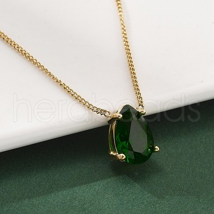 304 Stainless Steel Green Cubic Zirconia Pendant Neckalces for Women NJEW-C078-01B-G-1