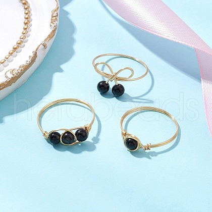 Round Natural Obsidian Finger Rings for Women RJEW-JR00857-04-1