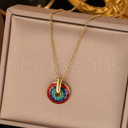 304 Stainless Steel Enamel Flat Round Necklaces for Women NJEW-Q028-01A-G-1