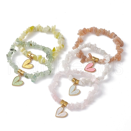 Valentine's Day Theme Alloy and Acrylic Natural Rainbow Moonstone/ Lemon Jade/Prehnite/ Rose Quartz/Sunstone Chip Gemstone Stretch Bracelet with Heart Charm BJEW-JB09579-1