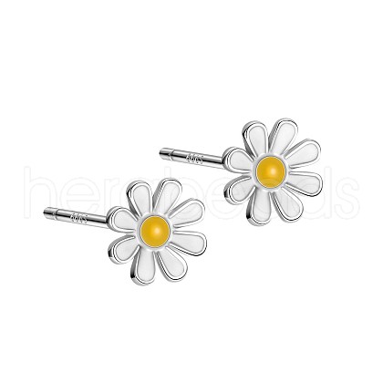 Anti-Tarnish Enamel Daisy Rhodium Plated 999 Fine Silver Stud Earrings for Women EJEW-S215-12P-1