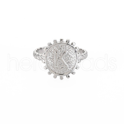Non-Tarnish 304 Stainless Steel Flat Round with Initial Letter Open Cuff Ring for Men Women RJEW-S405-246P-K-1