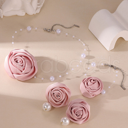 Rose Cloth & Plastic Pearl Beads Pendant Necklace & Stud  Earring & Charm Bracelets Sets FS-WG06DE4-03-1