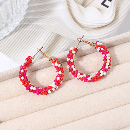 Bohemian Style Iron Glass Seed Beaded Hoop Earrings FS-WG64163-07-1