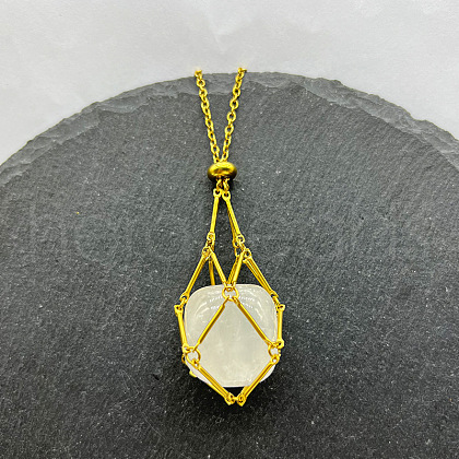 Natural Quartz Crystal Nuggets Macrame Pouch Pendant 201 Stainless Steel Chain Necklaces FS-WG7A779-11-1