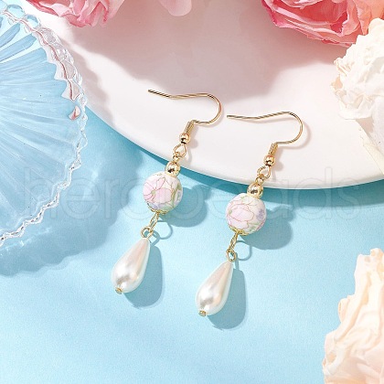 Round with Flower Pattern Porcelain Ceramic Dangle Earrings EJEW-JE06347-03-1