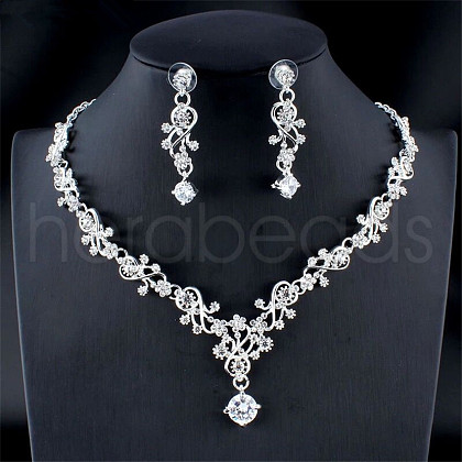 Flower Alloy Micro Pave Clear Cubic Zirconia Pendant Necklace & Stud Dangle Earrings Sets for Women FS-WGAD43C-01-1