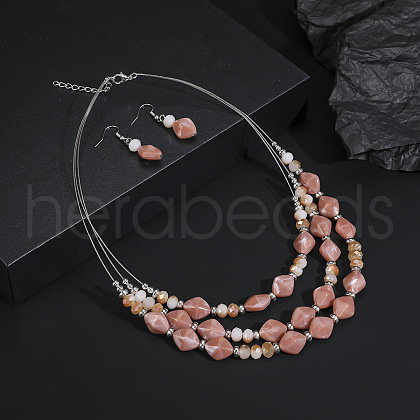 Alloy & Resin Rhombus Beaded Multilayer Necklace & Dangle Earring Sets FS-WG2F3F6-08-1