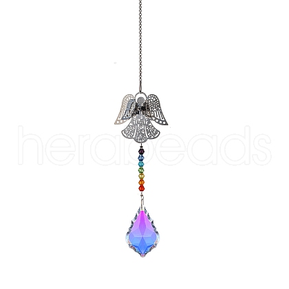 Glass Leaf Sun Catcher Hanging Prism Ornaments with Iron Angel HJEW-PW0002-14B-1