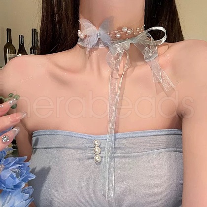 Butterfly Gauze Crystal Rhinestone with Plastic Pearl Choker Necklaces FS-WG41A31-05-1