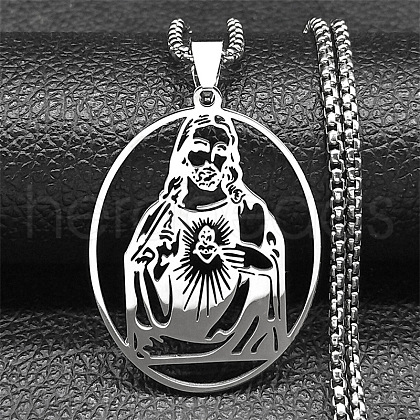 304 Stainless Steel Oval with Hollow Juses Pendant Necklaces NJEW-K283-05P-1