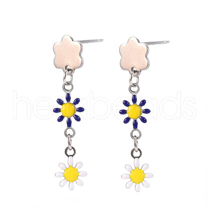 Enamel Flower Long Dangle Stud Earrings EJEW-N049-04B-1