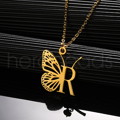 304 Stainless Steel Butterfly Initial Pendant Necklaces WG80197-18-1