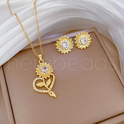 Brass Micro Pave Cubic Zirconia Pendant Necklace & Stud Earrings WG7AC39-148-1