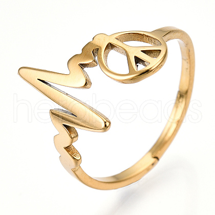 Ion Plating(IP) 304 Stainless Steel Heart Bit with Peace Sign Adjustable Ring RJEW-T027-04G-1