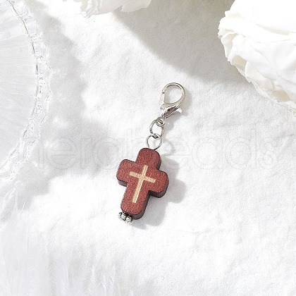 Natural Wood Cross Pendant Decorations HJEW-JM03264-01-1