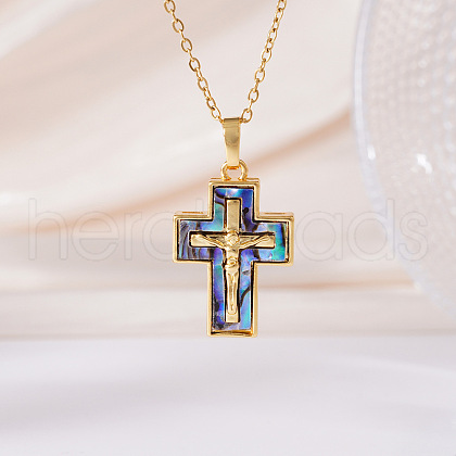Brass Pave Natural Paua Shell Religion Jesus Cross Pendant Necklaces for Women FS-WGAAB84-03-1