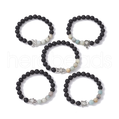 5Pcs 5 Styles Natural Flower Amazonite & Lava Rock Stretch Bracelets Set BJEW-JB09746-S-1