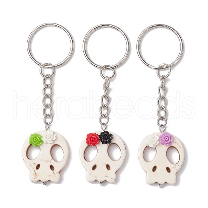 3Pcs Skull Synthetic Turquoise & Flower Resin Keychain KEYC-JKC00844-S-1
