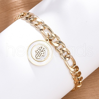 304 Stainless Steel Flat Round with Hamsa Hand Charm Bracelets BJEW-A036-13G-02-1