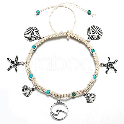 Bohemian Style Sea Animal Alloy Charms Synthetic Turquoise & Cotton Cord Braided Anklets FS-WGB3C8E-01-1