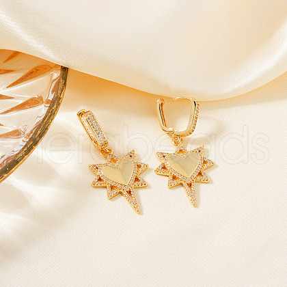 Brass Clear Cubic Zirconia Star with Heart Hoop Earrings LS5969-2-1