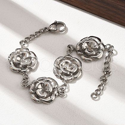 304 Stainless Steel Flower Link Chain Bracelets for Women BJEW-A033-03P-1