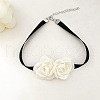 Double 3D Rose Polyester Band Choker Necklaces with Alloy End Chains FS-WG50A3E-02-1