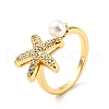 Cubic Zirconia Starfish with Imitation Pearl Open Cuff Ring RJEW-E046-05G-3