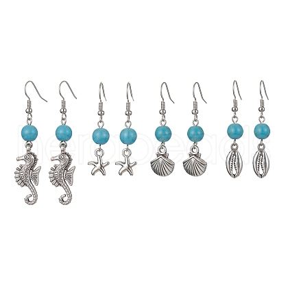 4 Pairs 4 Styles Synthetic Turquoise Beaded Dangle Earrings EJEW-JE05496-S-1