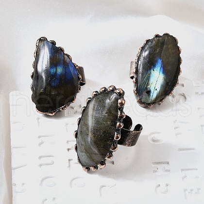 Natural Labradorite and Brass Cuff Rings RJEW-Q025-01A-1