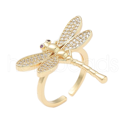 Rack Plating Dragonfly Brass Micro Pave Cubic Zirconia Open Cuff Rings for Women RJEW-B064-14G-1