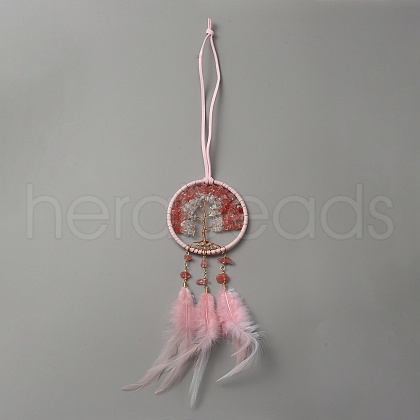 Brass Woven Web/Net with Feather Pendant Decorations HJEW-WH0043-36-1