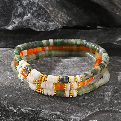 3Pcs Column Natural Red Aventurine & Amazonite & Shell Beaded Stretch Bracelet Setfor Women YA8803-1