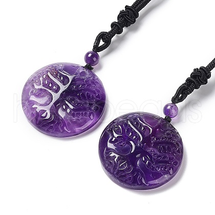 Natural Amethyst Tree of Life Pendant Necklace with Nylon Rope NJEW-H009-03-05-1