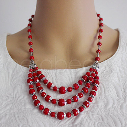 Ethnic Style Alloy & Dyed Synthetic Turquoise Round Beaded 3 Layer Bib Necklaces FS-WGD33AA-01-1