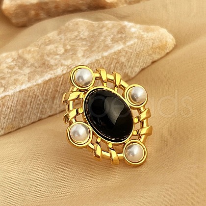 304 Stainless Steel with Natural Gemstone and Plastic Imitation Pearl Adjustable Cuff Rings for Women RJEW-Z096-02G-03-1