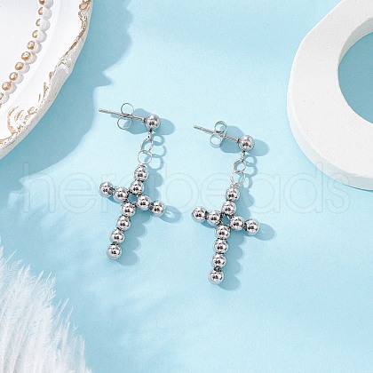 Brass Beaded Cross Dangle Stud Earrings EJEW-JE06479-02-1
