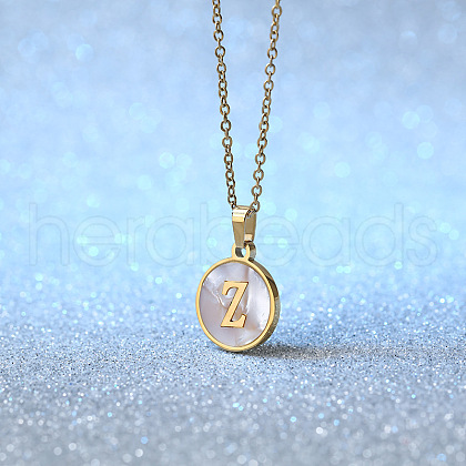 Flat Round Stainless Steel Pave Natural White Shell Initial Pendant Necklaces for Women FS-WG6FA45-26-1