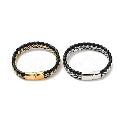 Leather & 304 Stainless Steel Braided Curb Chains Cord Bracelet with Magnetic Clasp for Men Women BJEW-C021-19-1