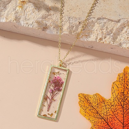 Rectangle with Inner Flower Resin Pendant Iron Cable Chain Necklaces for Women FS-WG0F8F1-08-1