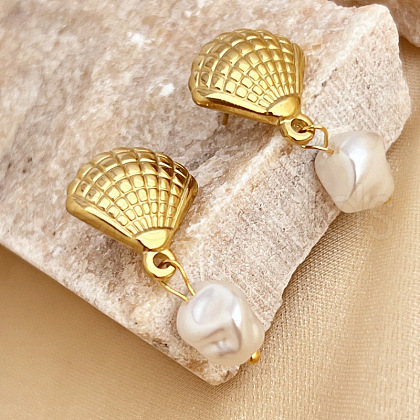 304 Stainless Steel Plastic Pearl Dangle Stud Earrings EJEW-G422-01G-03-1