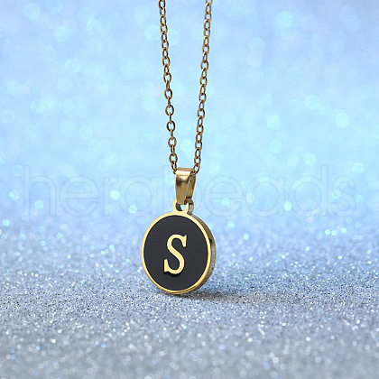Alloy Black Enamel Flat Round with Letter Pendant Necklaces for Women WG4B845-19-1